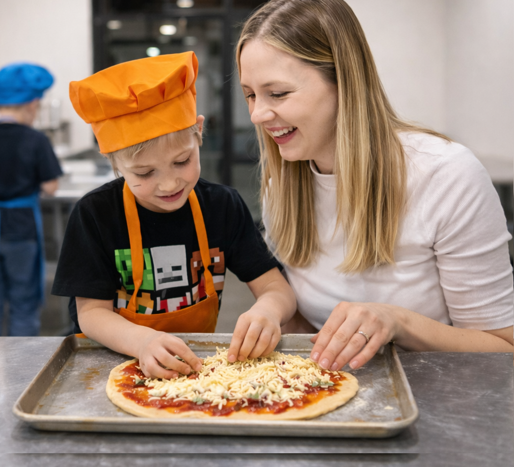 Kids and parents cooking together